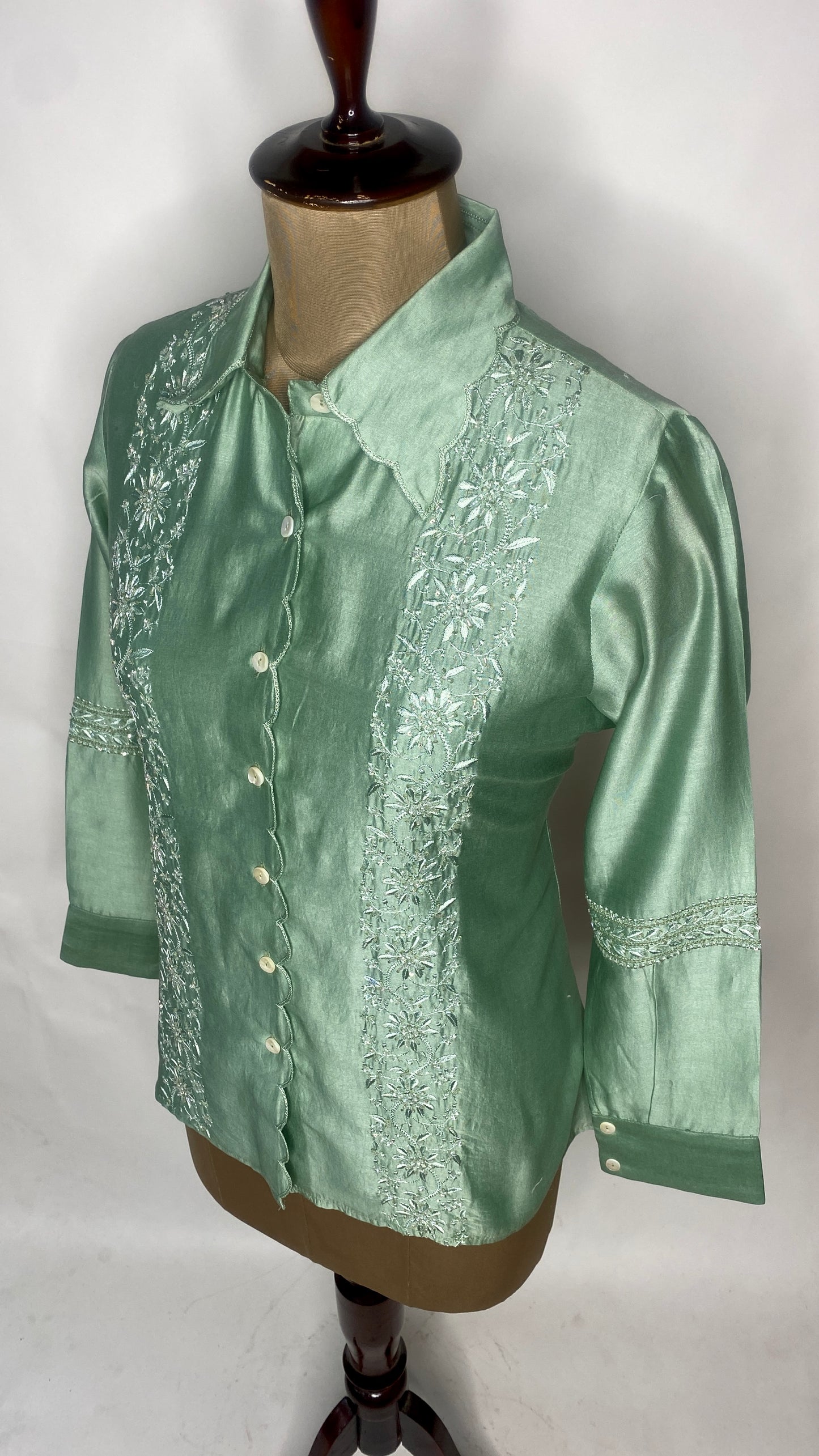 Green Chanderi Silk Scallop Shirt