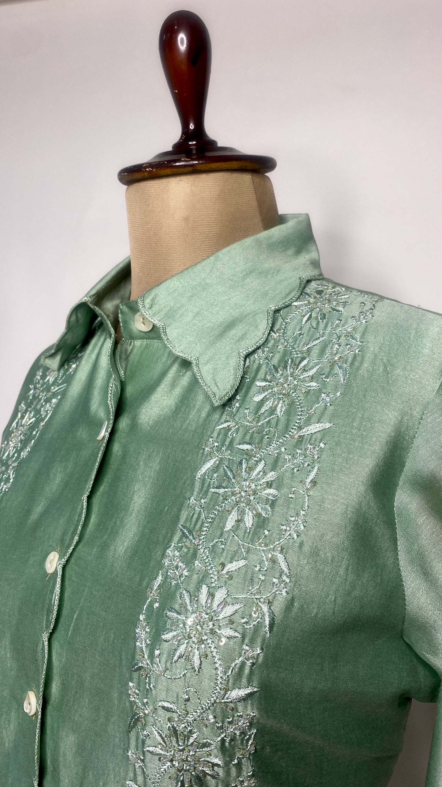 Green Chanderi Silk Scallop Shirt