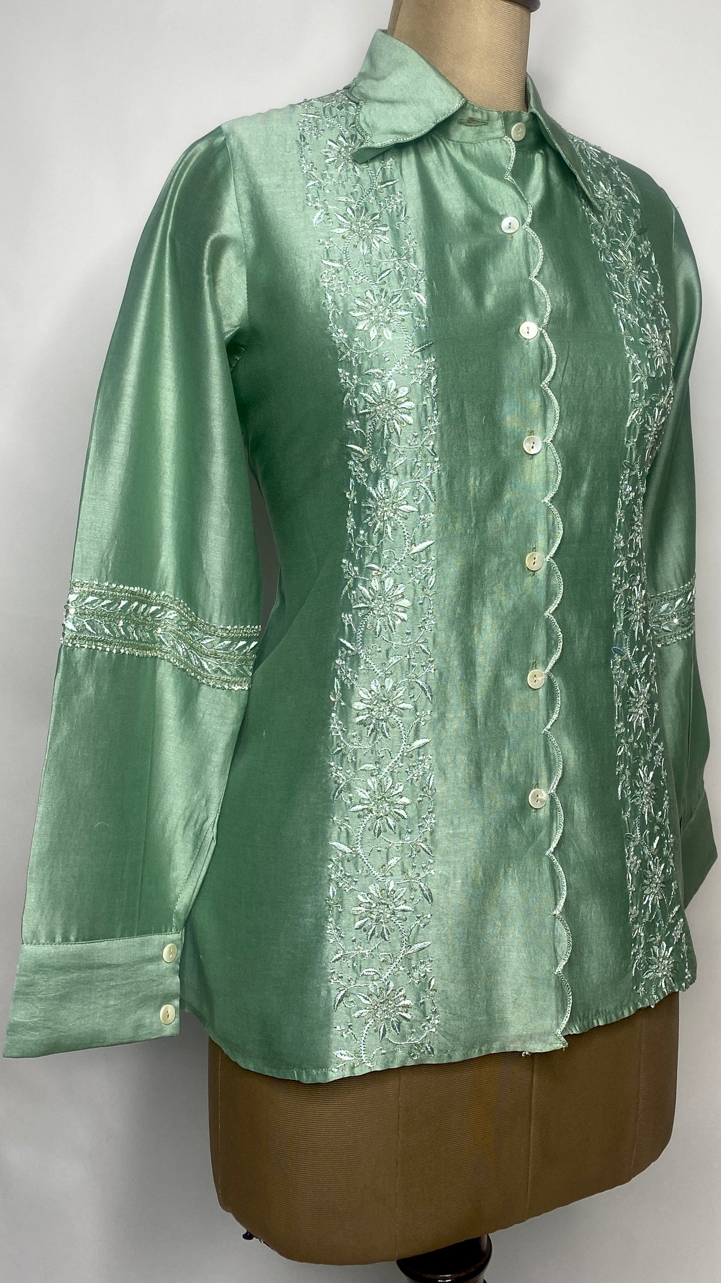 Green Chanderi Silk Scallop Shirt