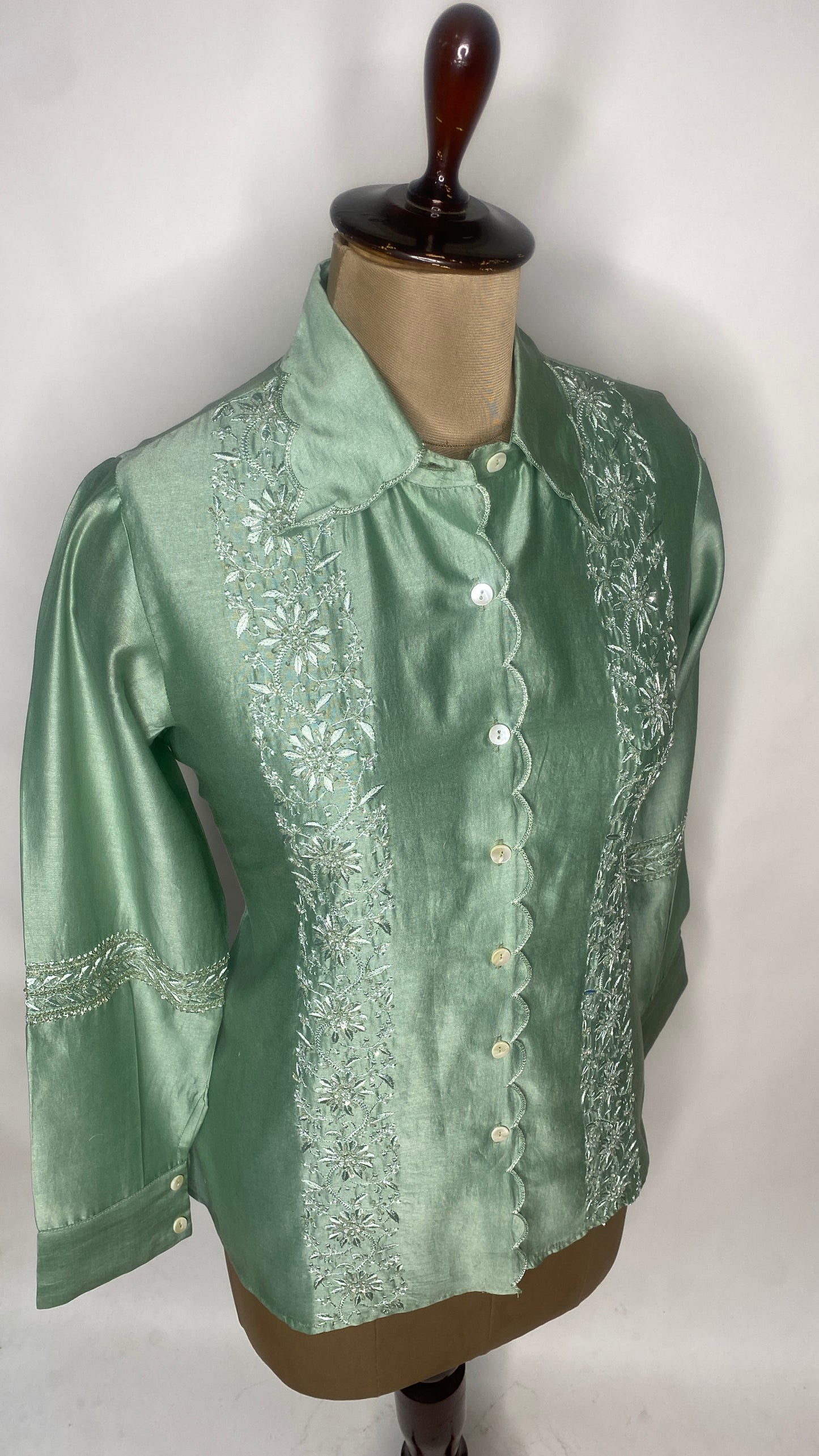 Green Chanderi Silk Scallop Shirt