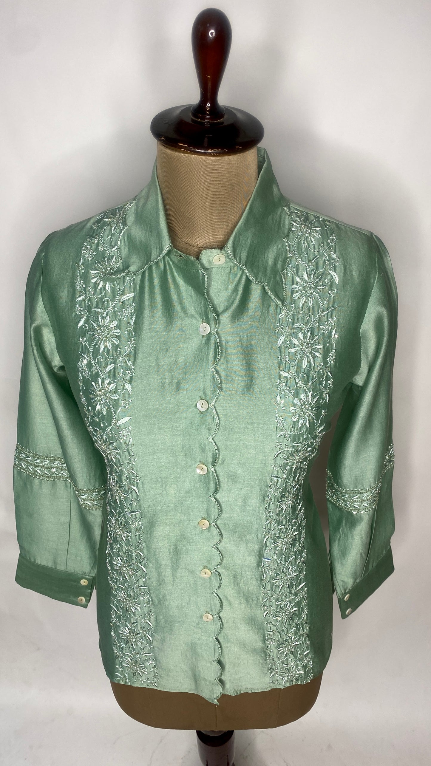 Green Chanderi Silk Scallop Shirt