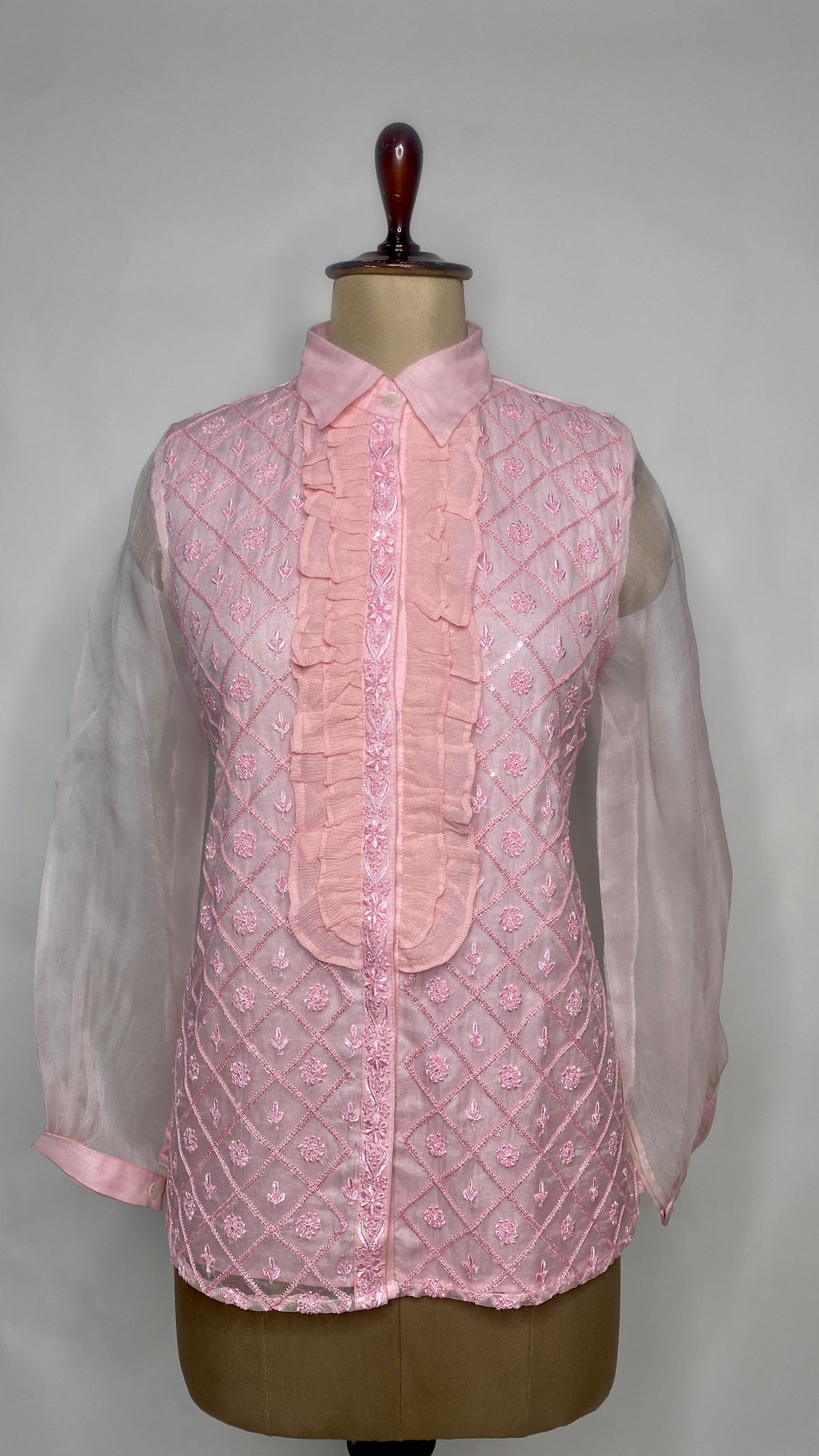 Baby Pink Organza Shirt with Ruffles