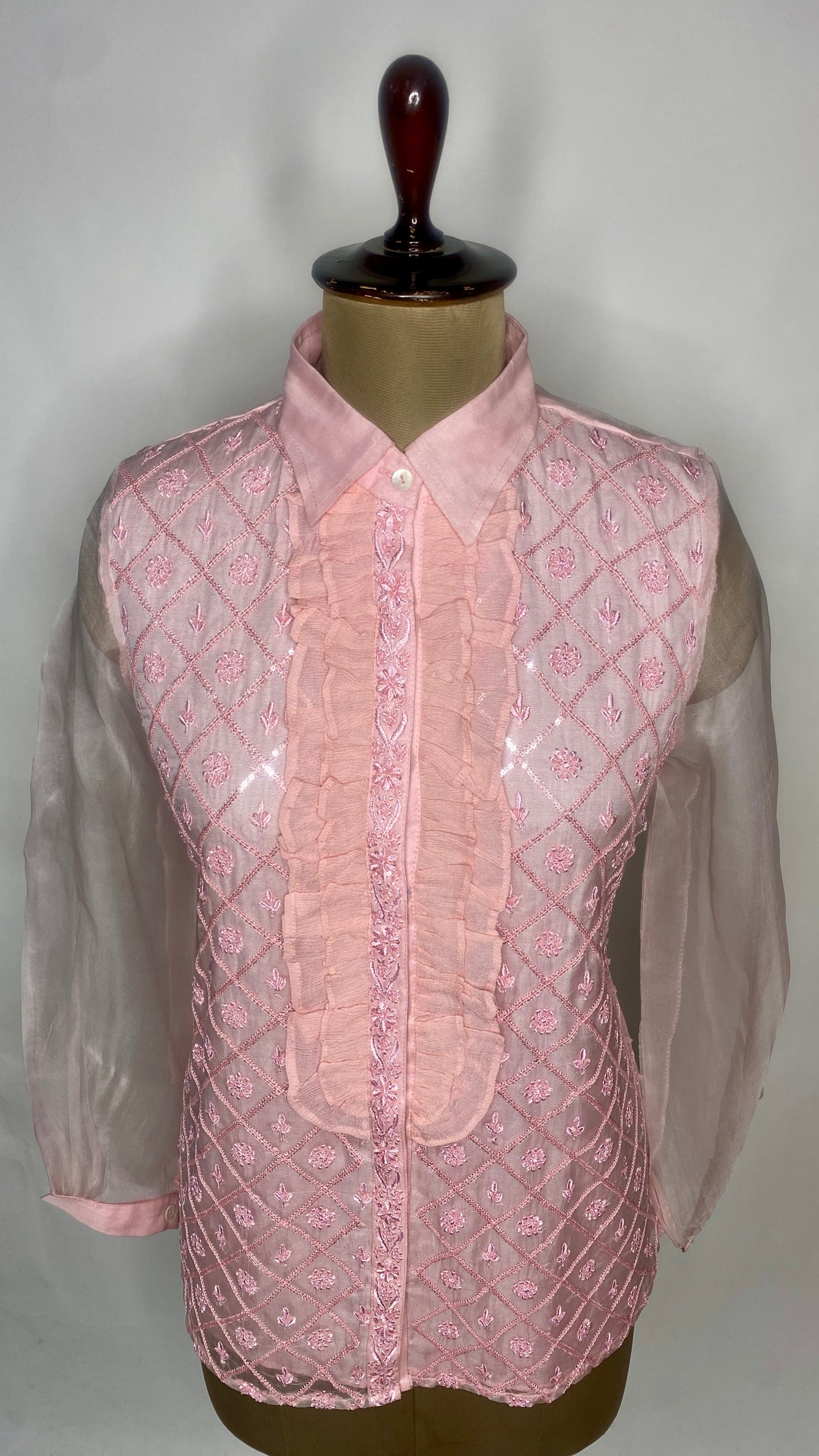 Baby Pink Organza Shirt with Ruffles