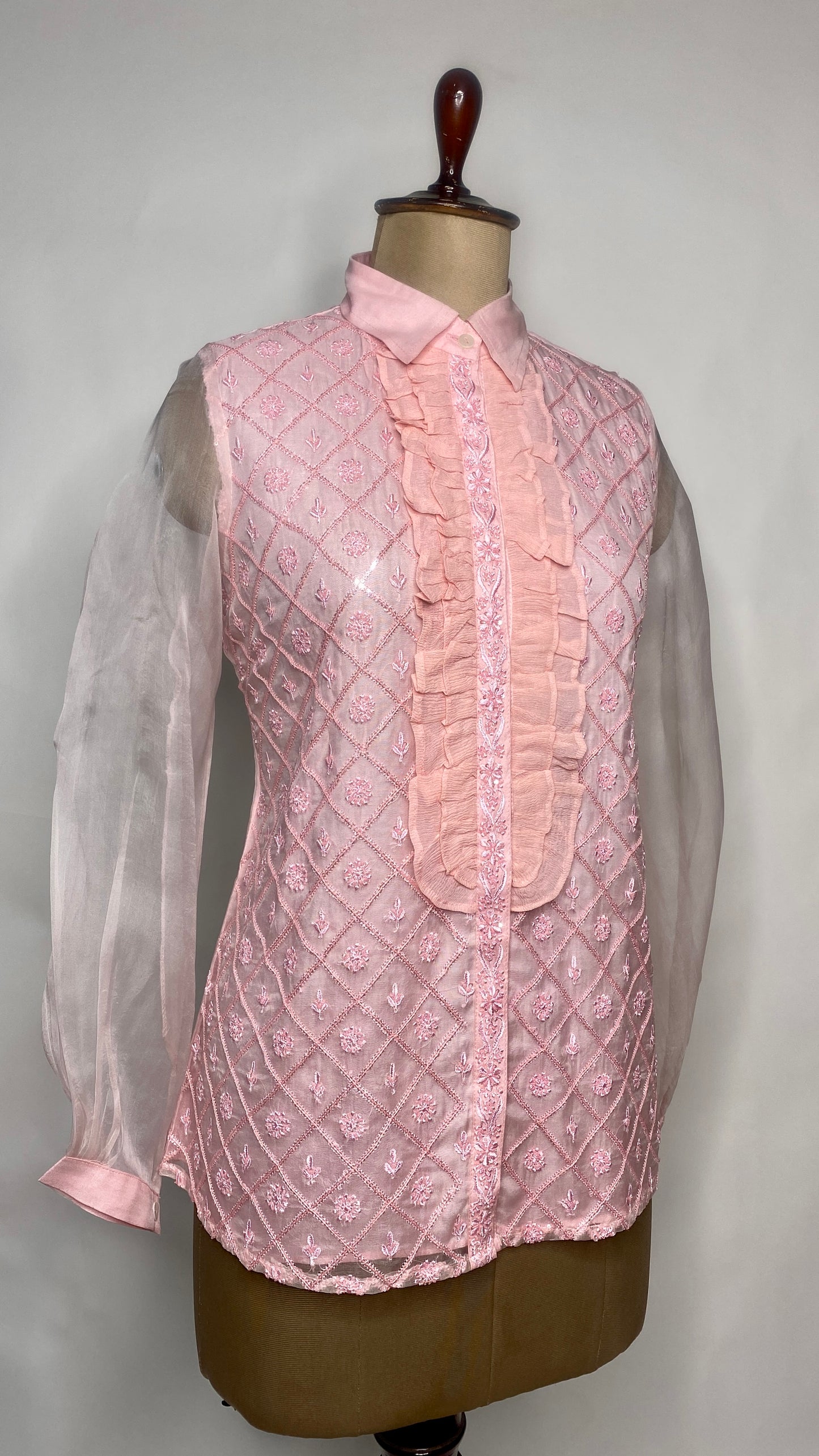 Baby Pink Organza Shirt with Ruffles