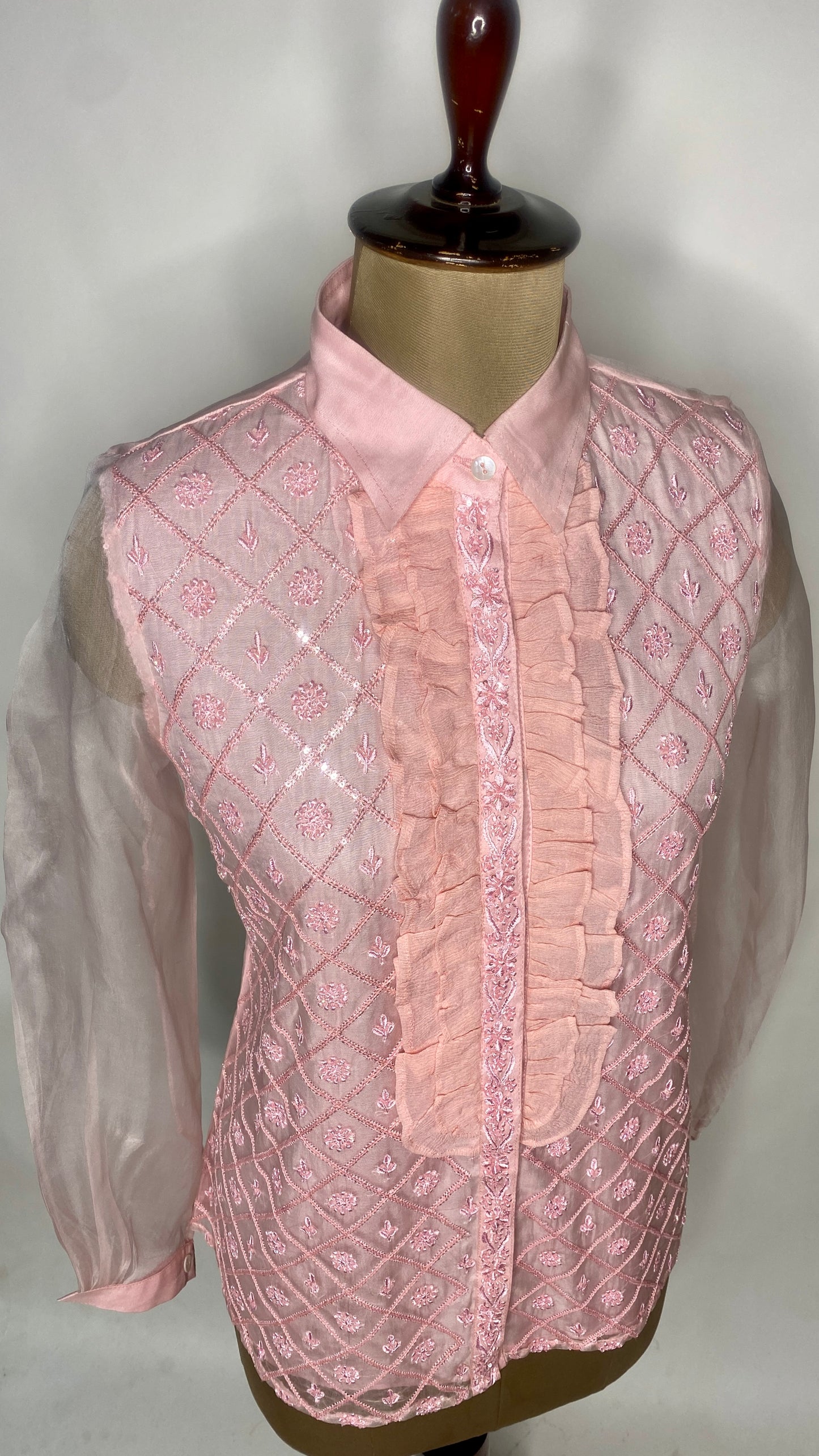 Baby Pink Organza Shirt with Ruffles