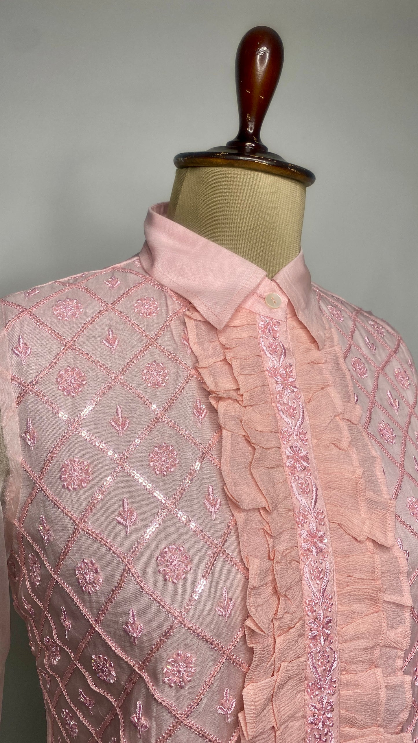 Baby Pink Organza Shirt with Ruffles