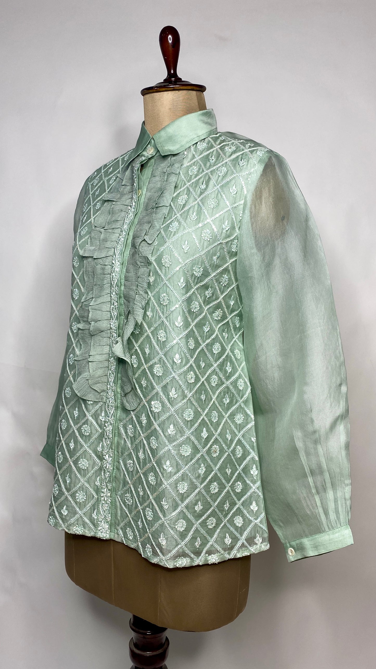 Mint Green Organza Shirt with Ruffles