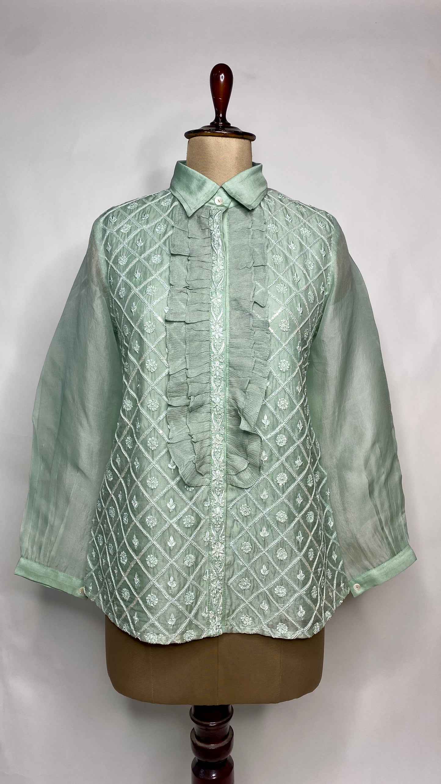 Mint Green Organza Shirt with Ruffles