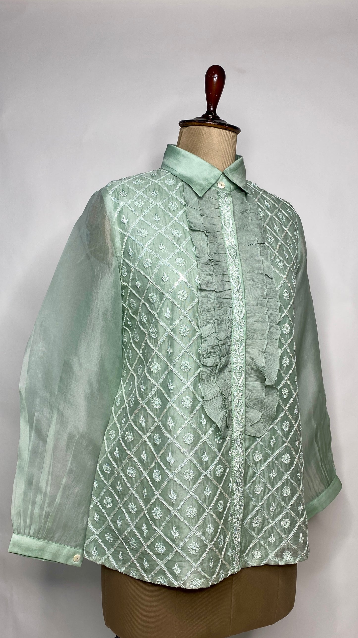 Mint Green Organza Shirt with Ruffles