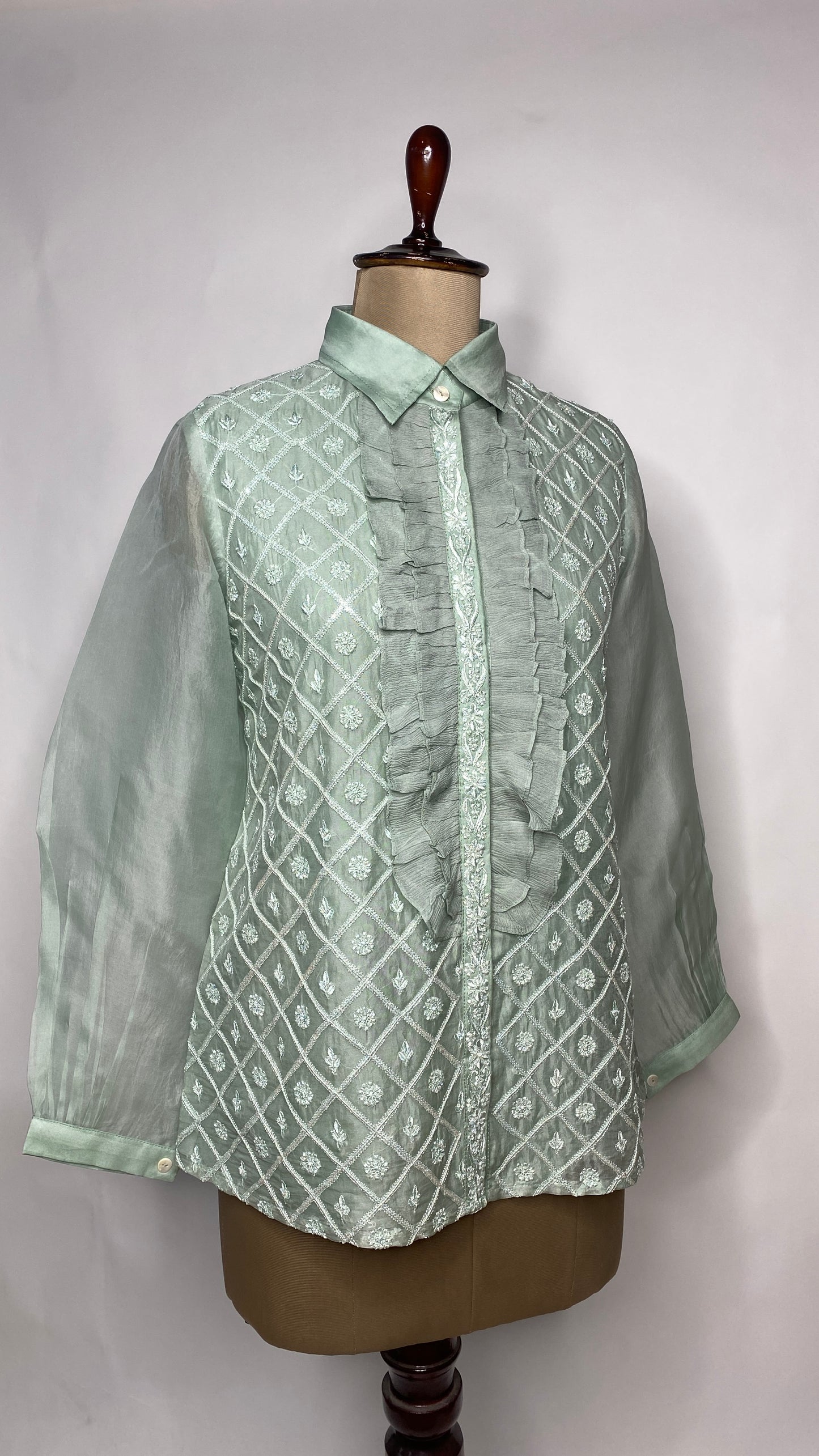 Mint Green Organza Shirt with Ruffles