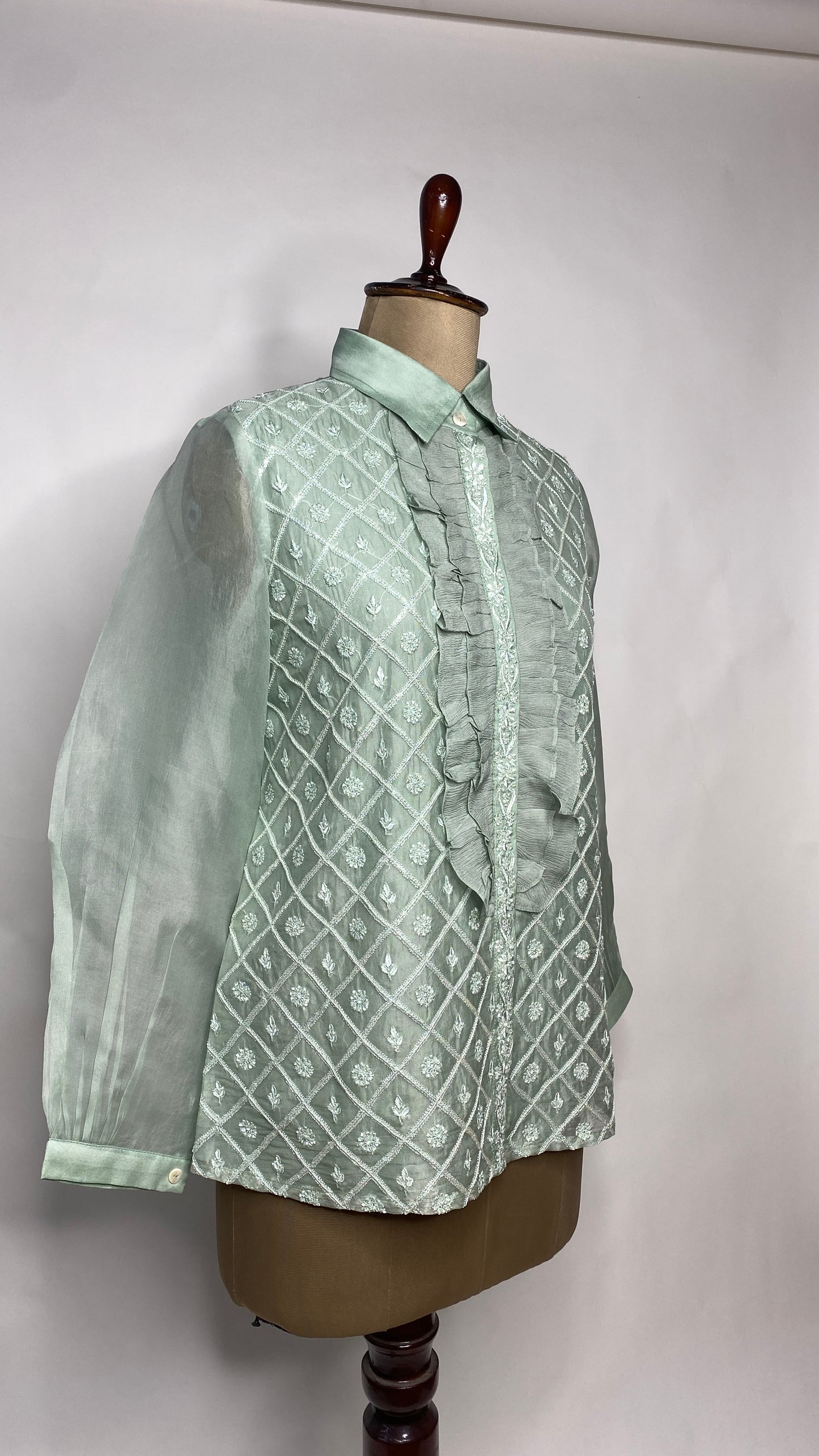 Mint Green Organza Shirt with Ruffles