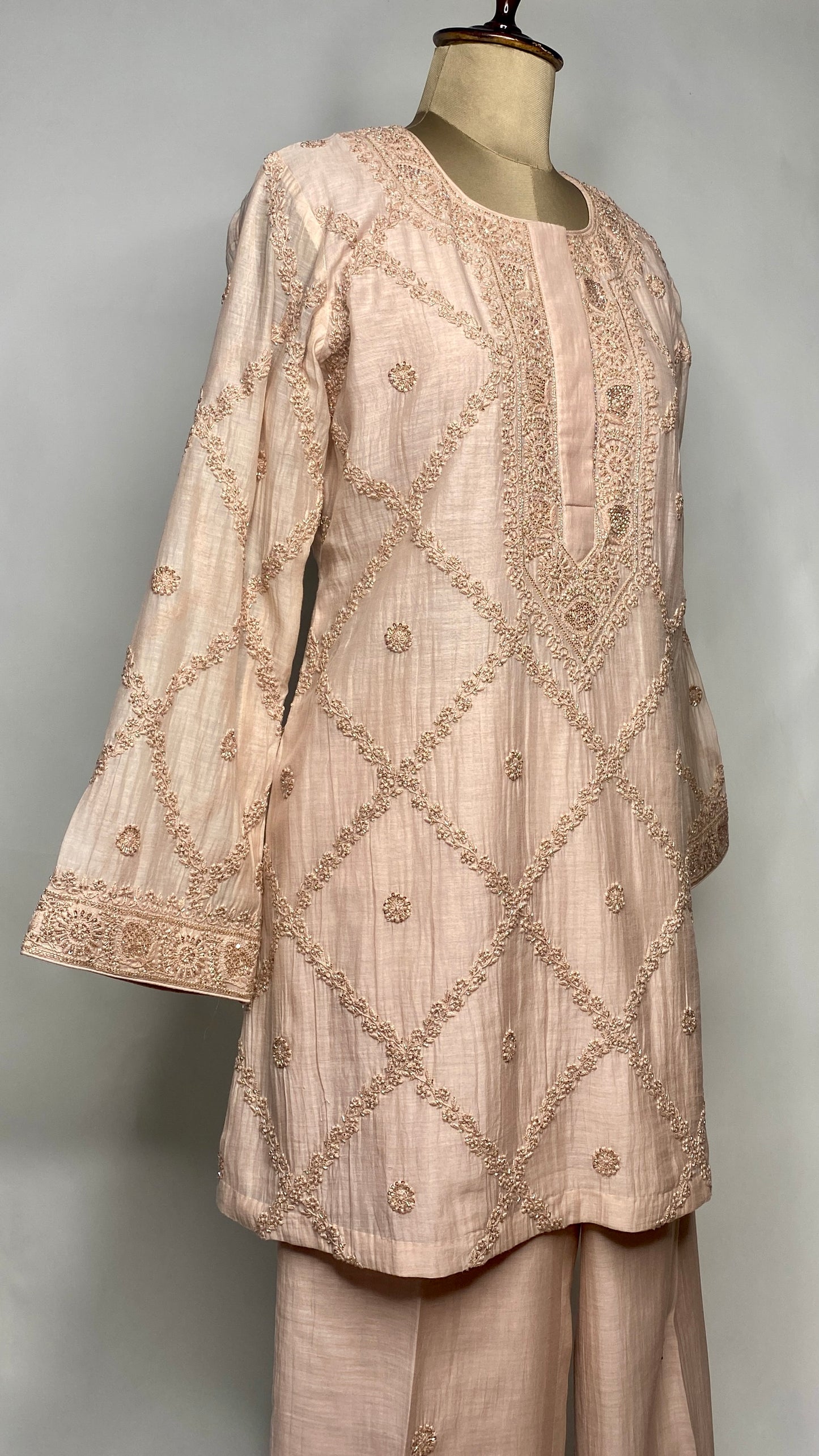 Light Peach Kurta Style Muslin Chanderi Co-Ord Set