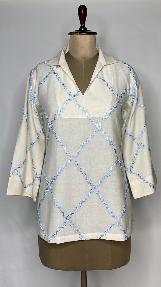 White Collared Chikankari Top