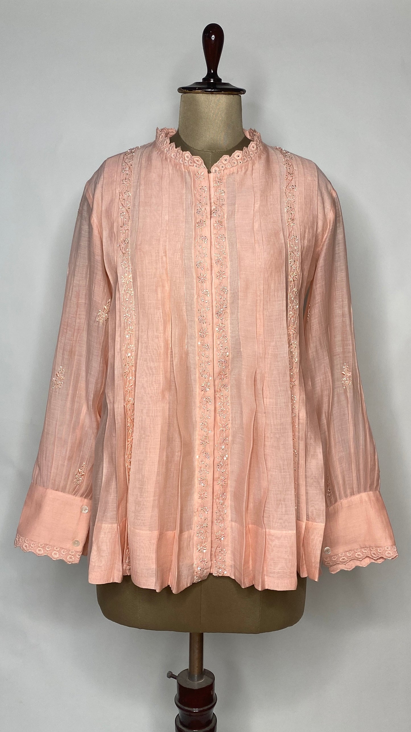 Light Peach Pleated Chikankari Shirt