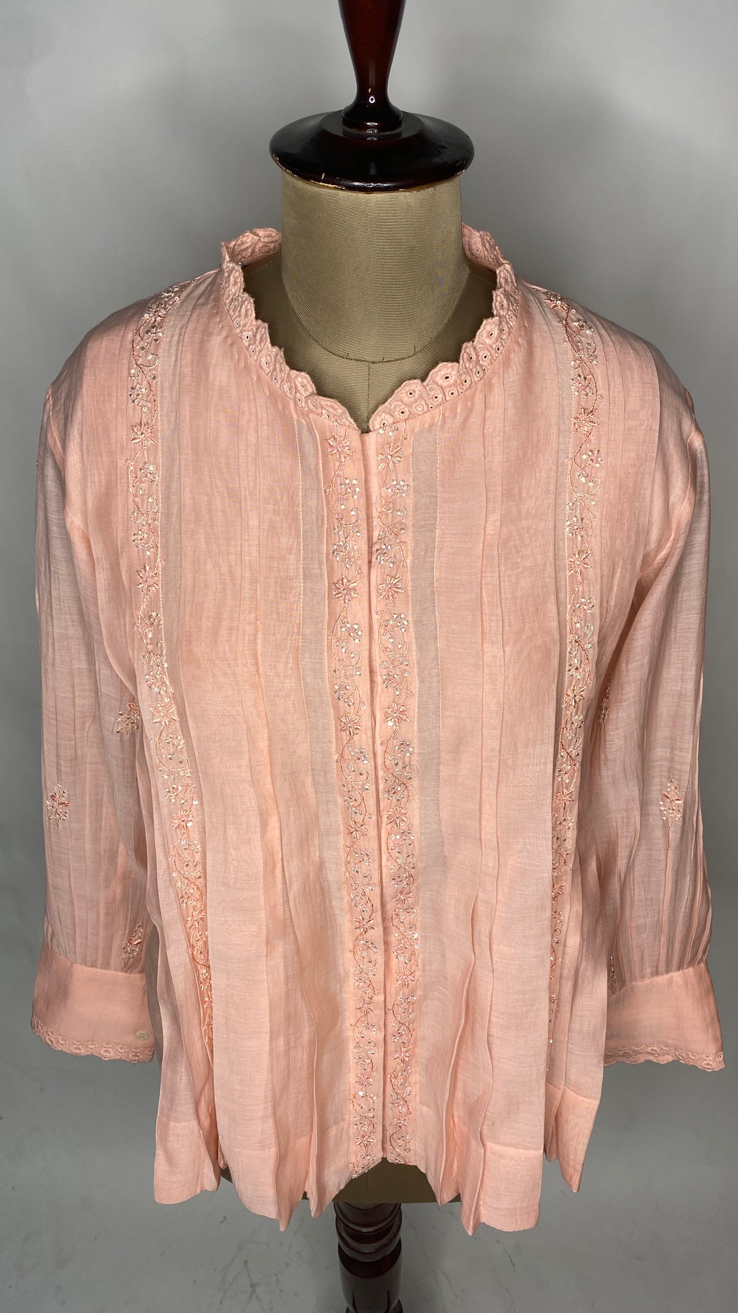 Light Peach Pleated Chikankari Shirt