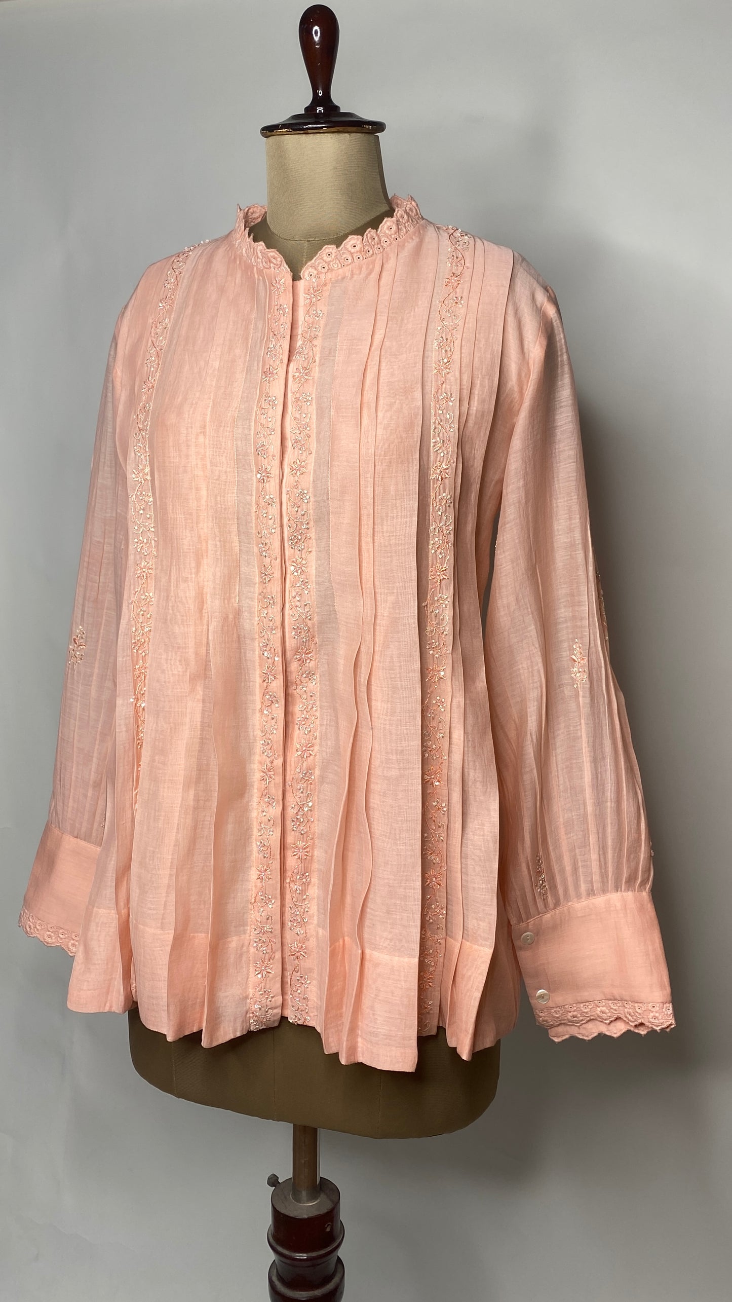Light Peach Pleated Chikankari Shirt