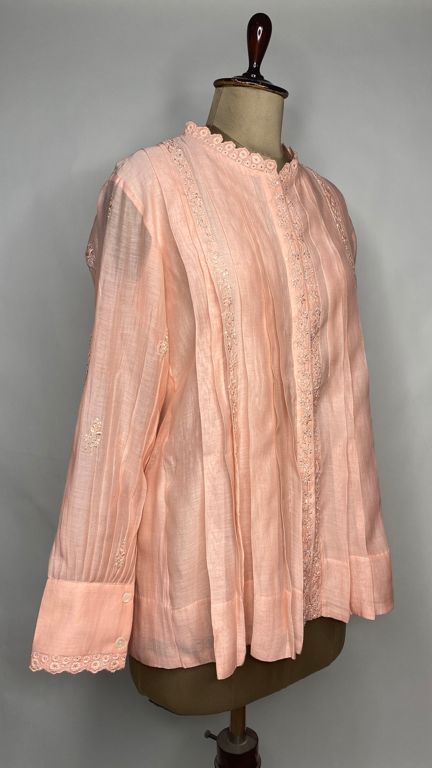 Light Peach Pleated Chikankari Shirt