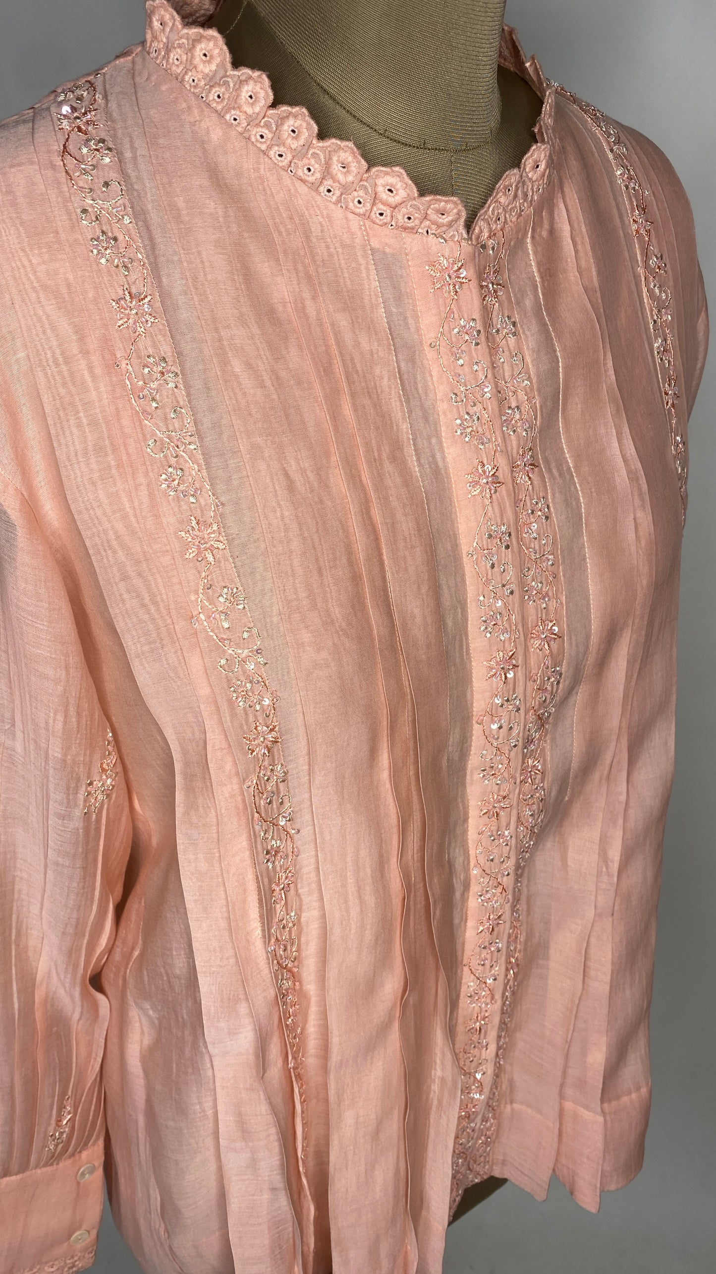 Light Peach Pleated Chikankari Shirt