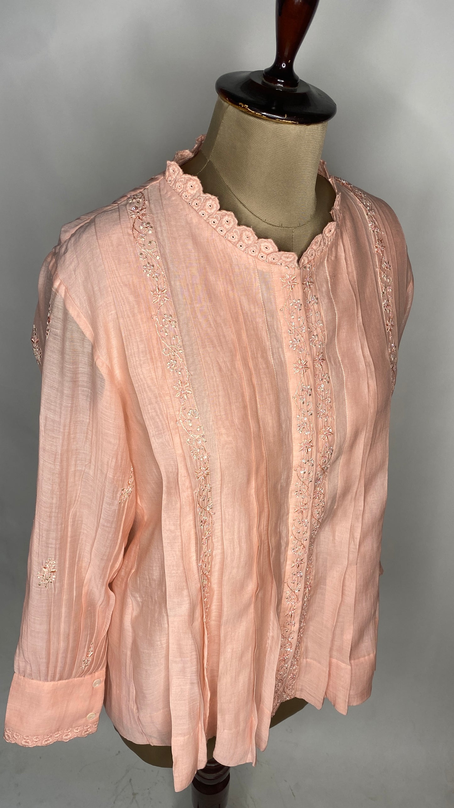 Light Peach Pleated Chikankari Shirt