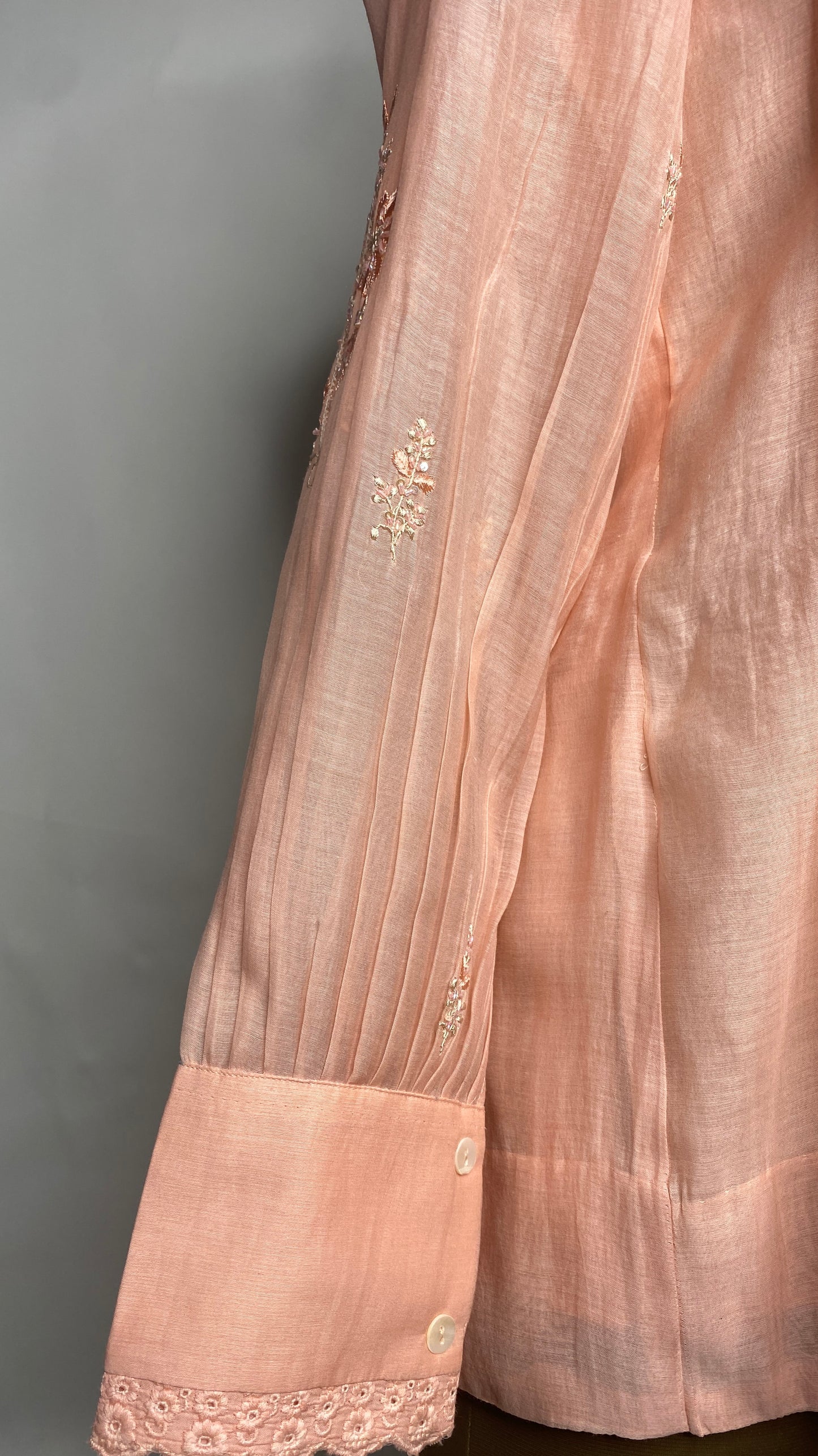 Light Peach Pleated Chikankari Shirt