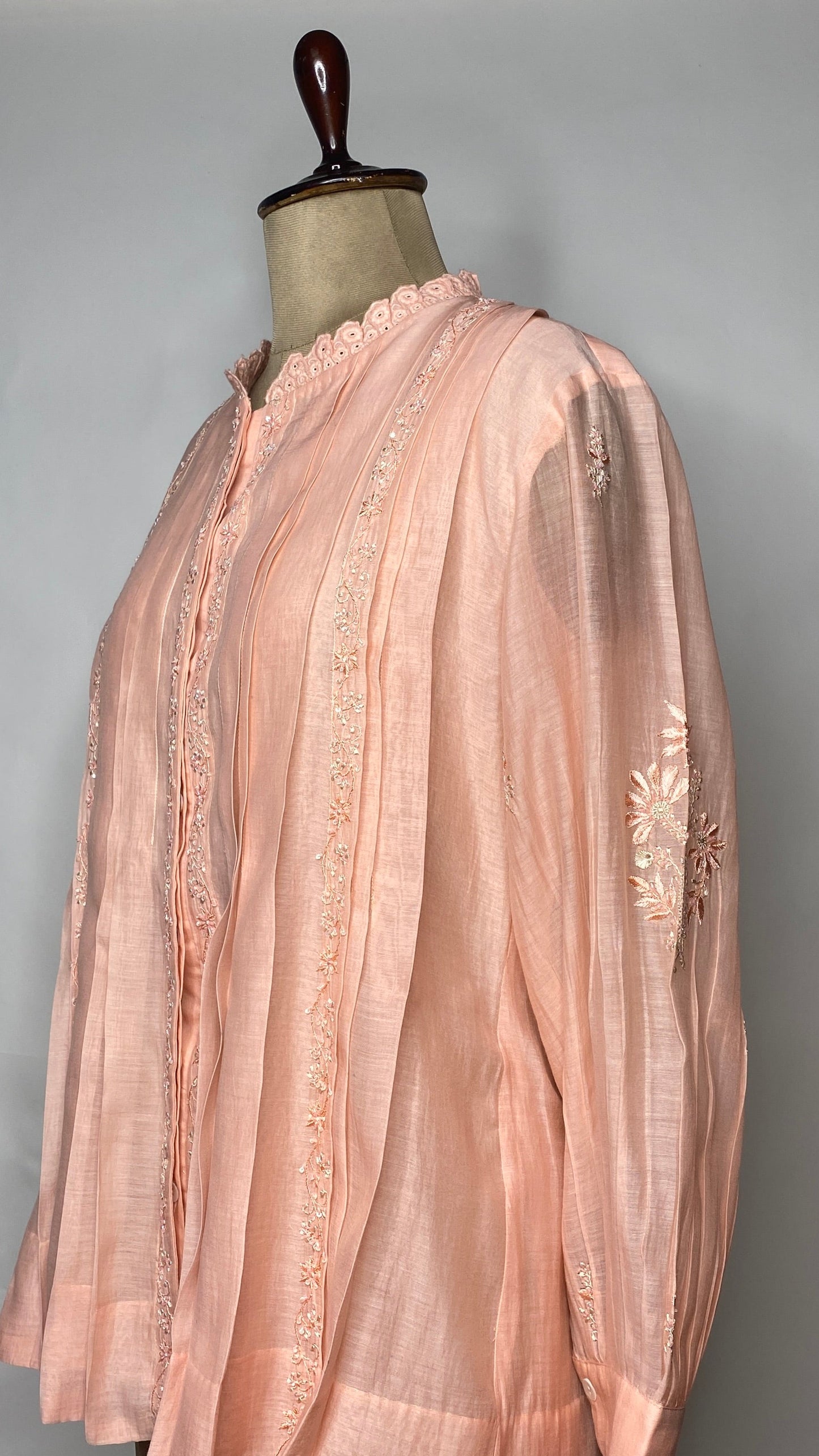 Light Peach Pleated Chikankari Shirt