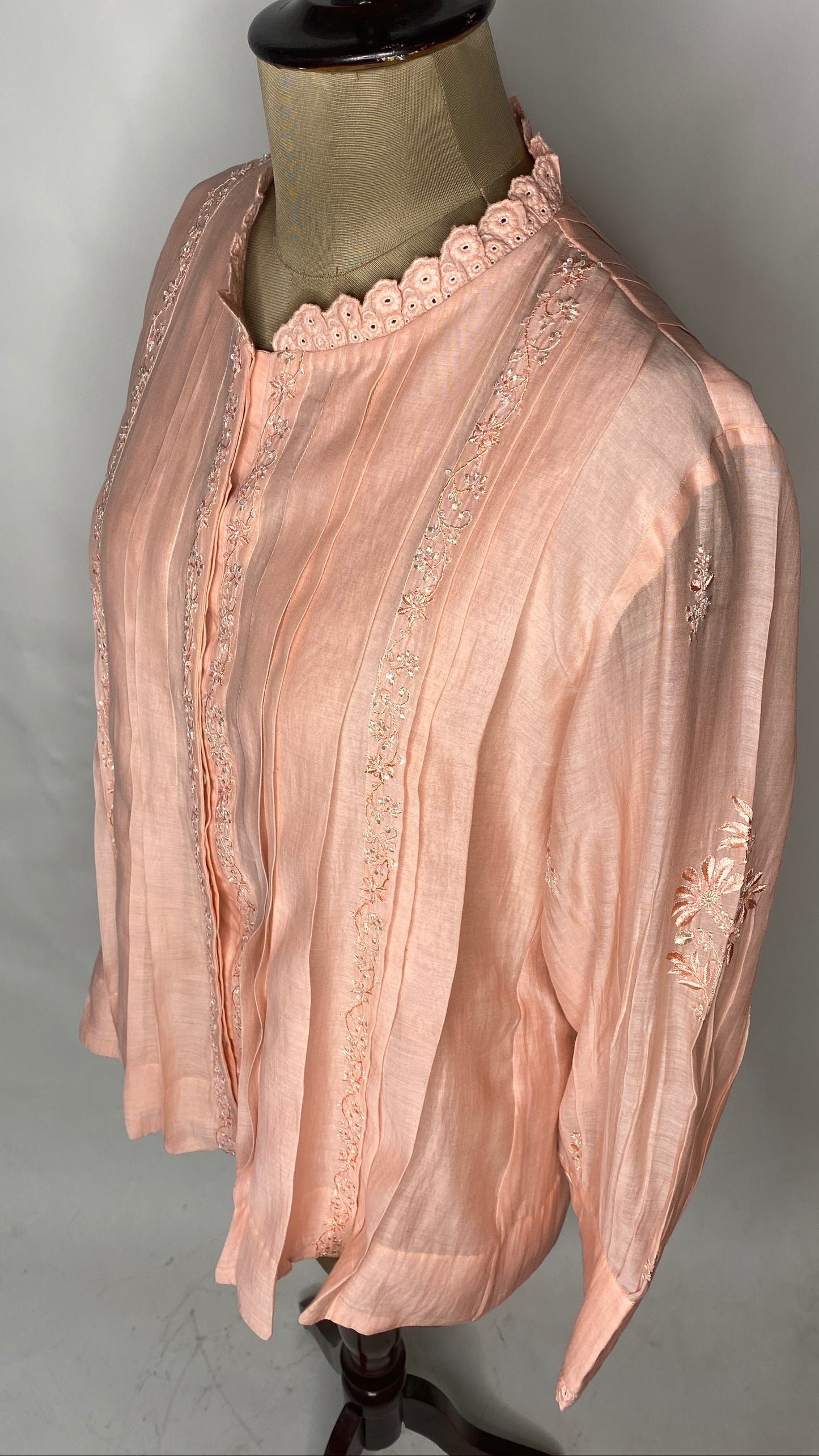 Light Peach Pleated Chikankari Shirt