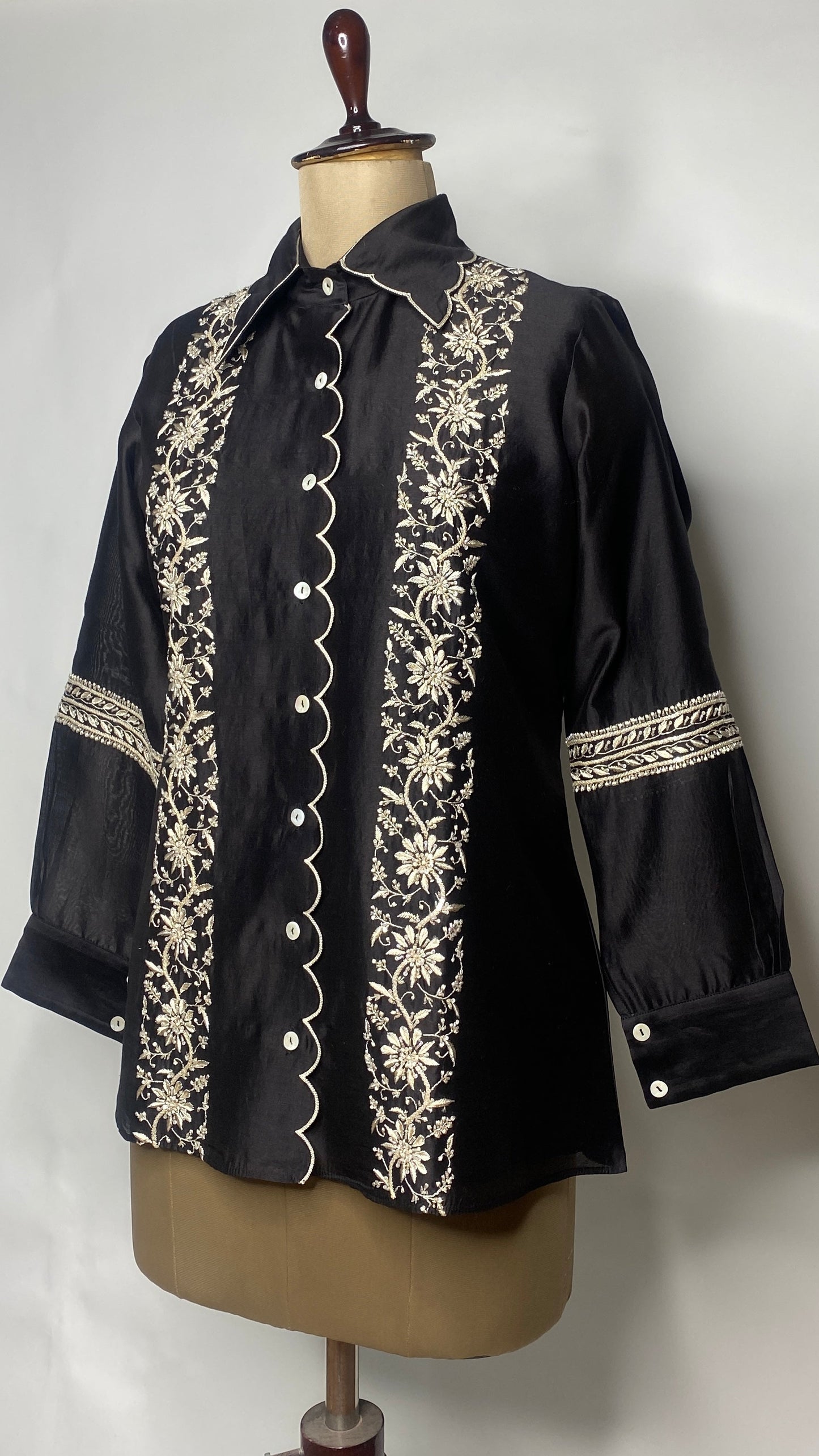 Black Scallop Collar Chikankari Shirt