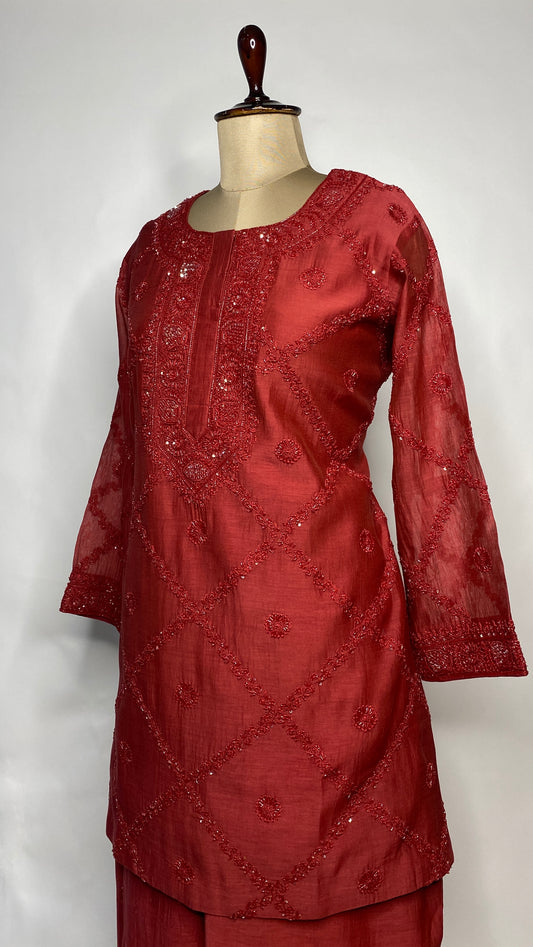 Red Chikankari Festive Co-ord Set