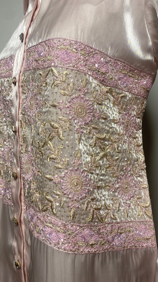 Baby Pink Glass Tissue Chikankari Shirt