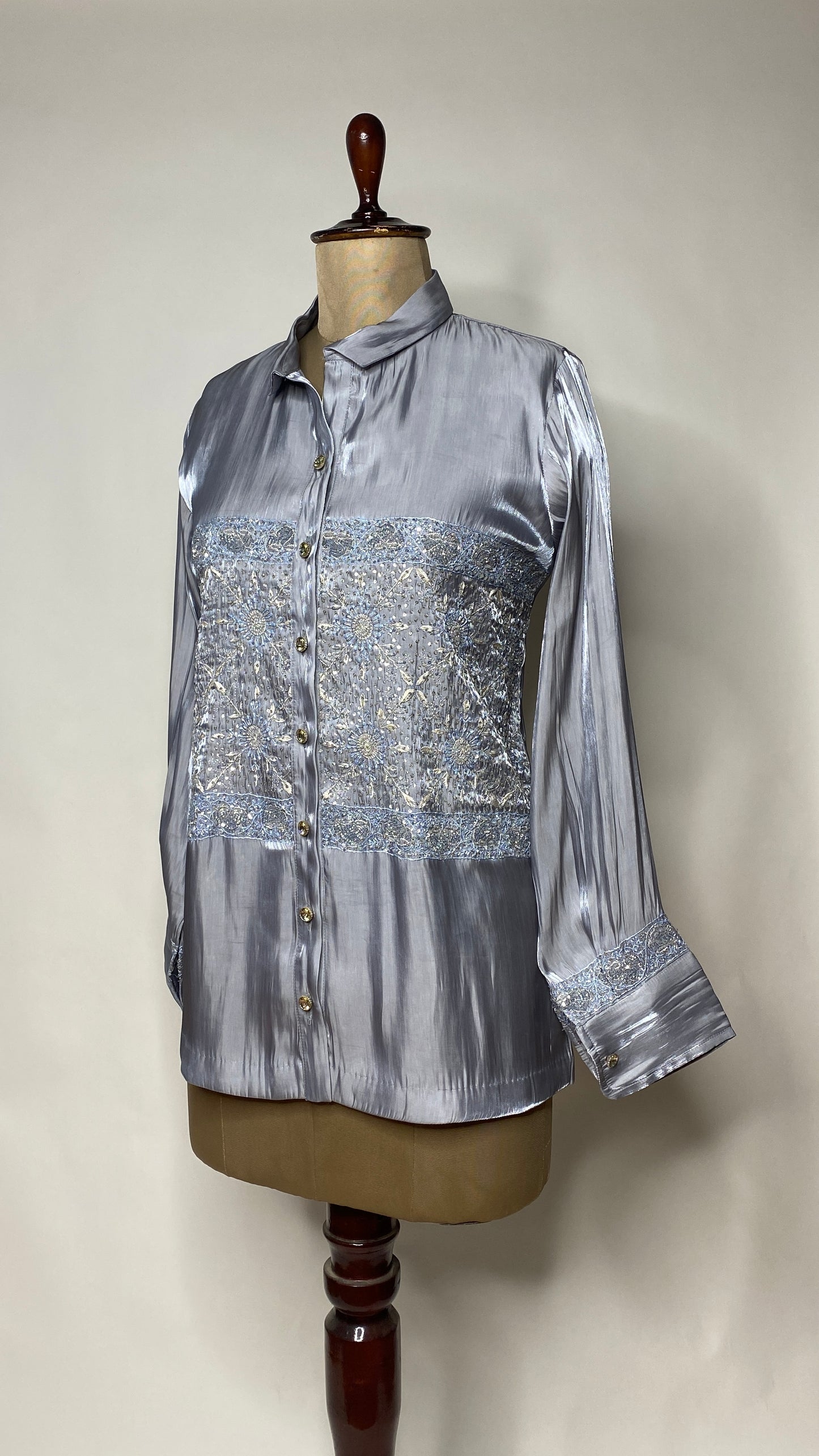 Ice Blue Glass Tissue Chikankari Shirt