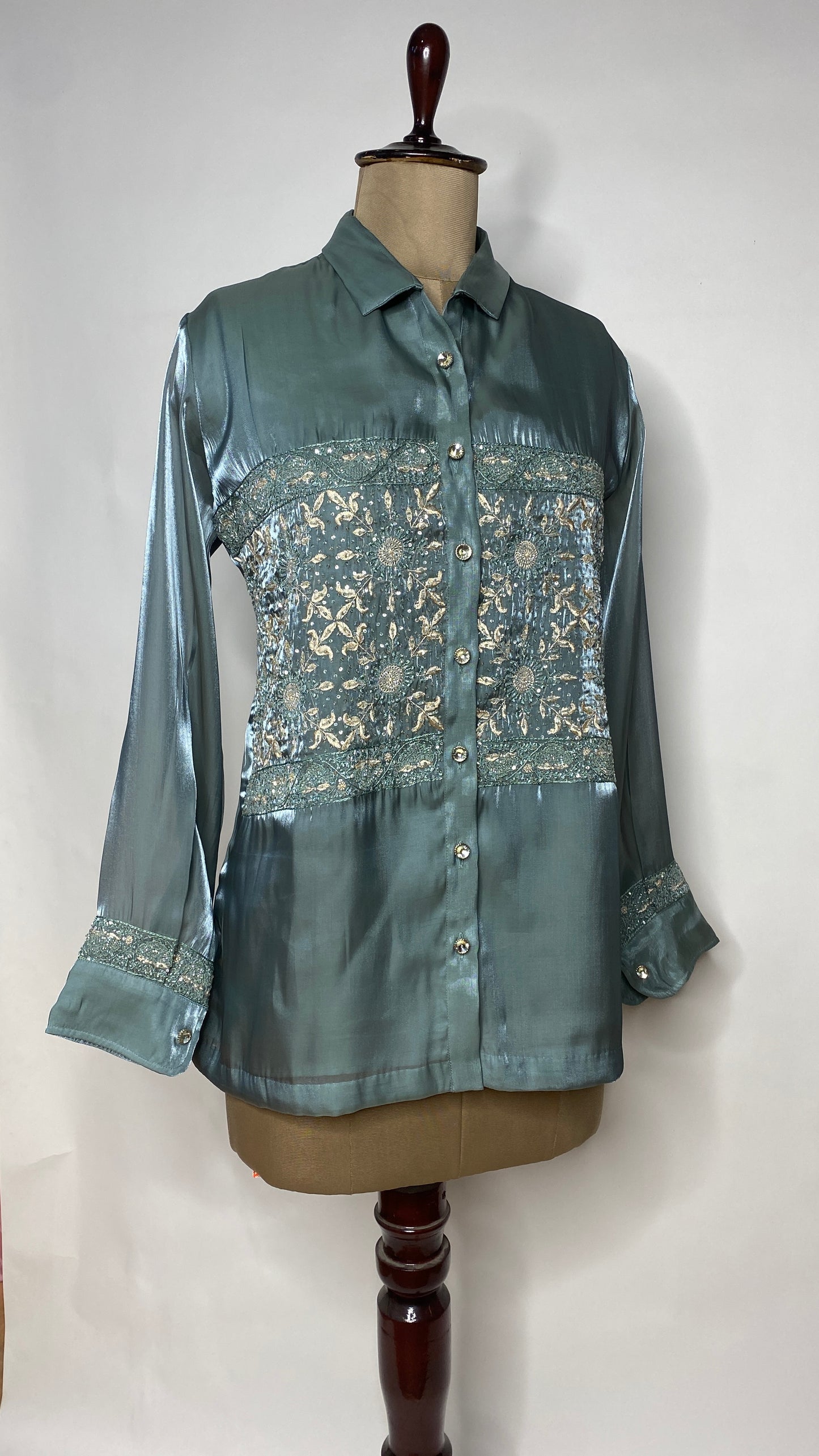 Teal Glass Tissue Chikankari Shirt