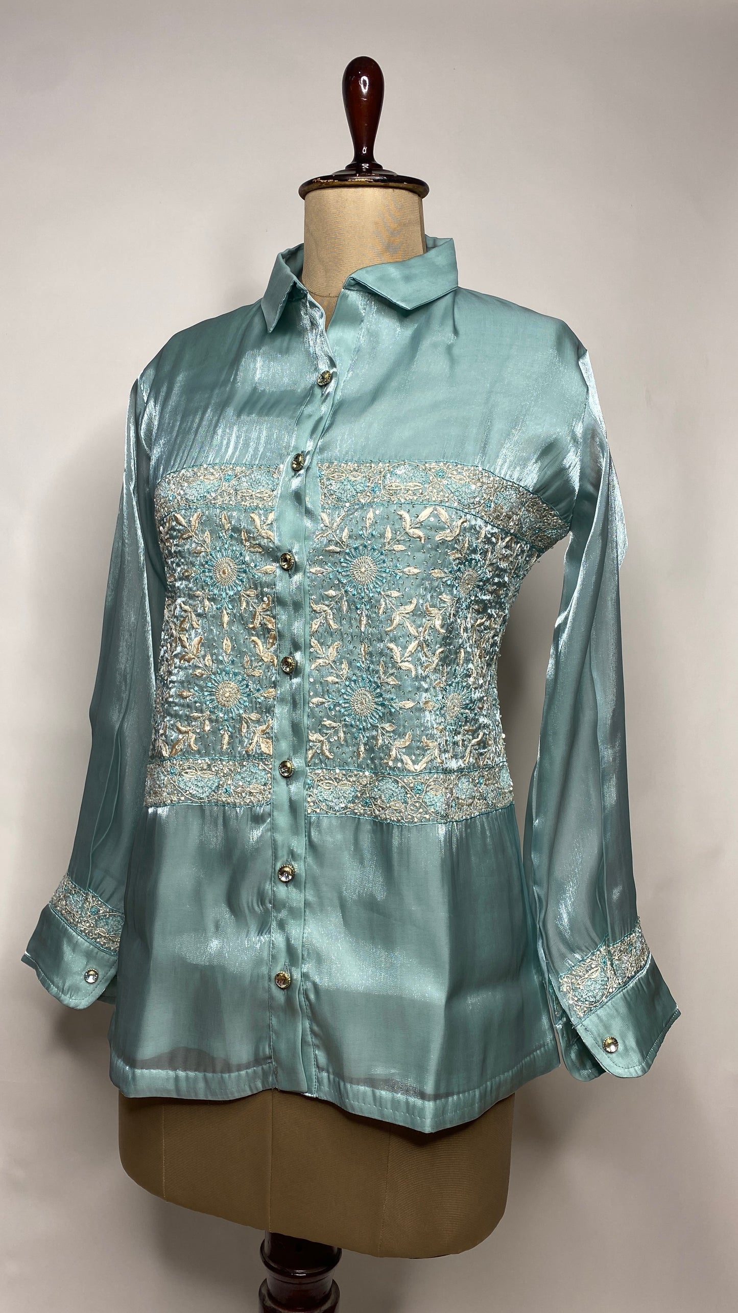 Turquoise Glass Tissue Chikankari Shirt
