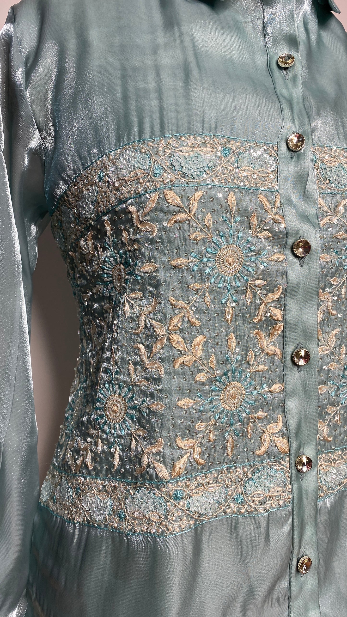 Turquoise Glass Tissue Chikankari Shirt