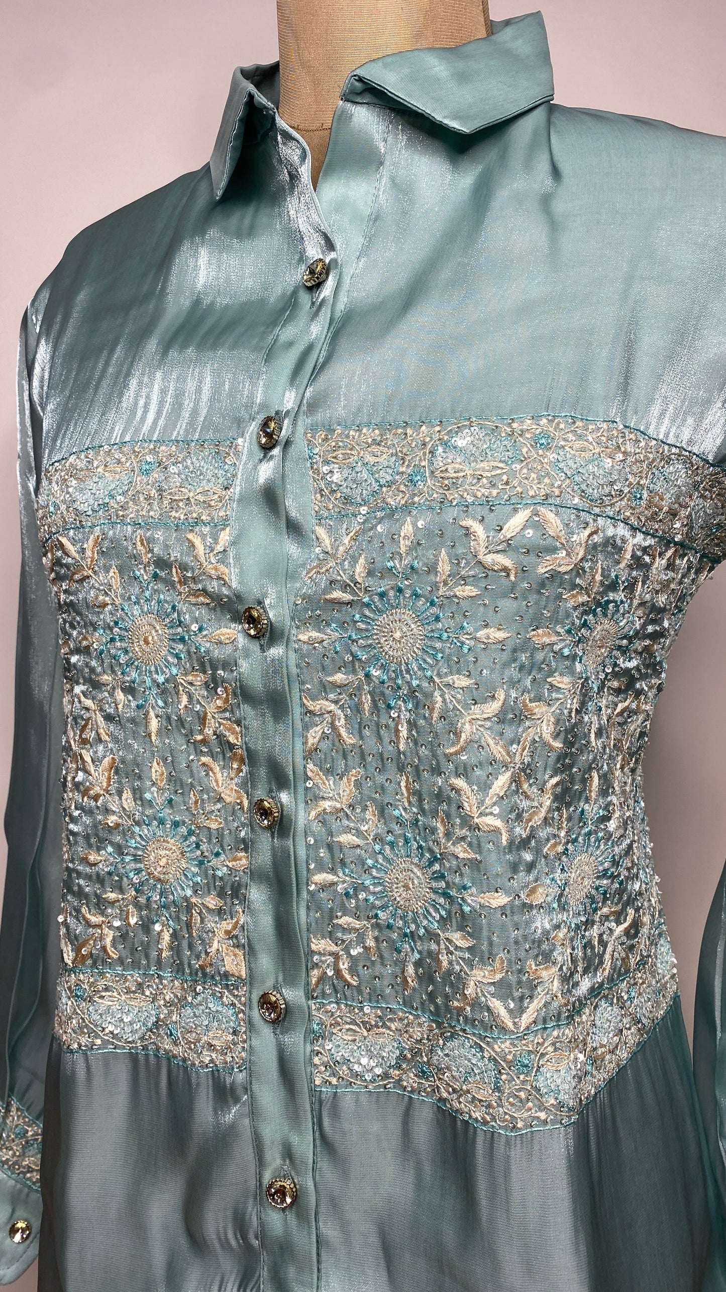 Turquoise Glass Tissue Chikankari Shirt