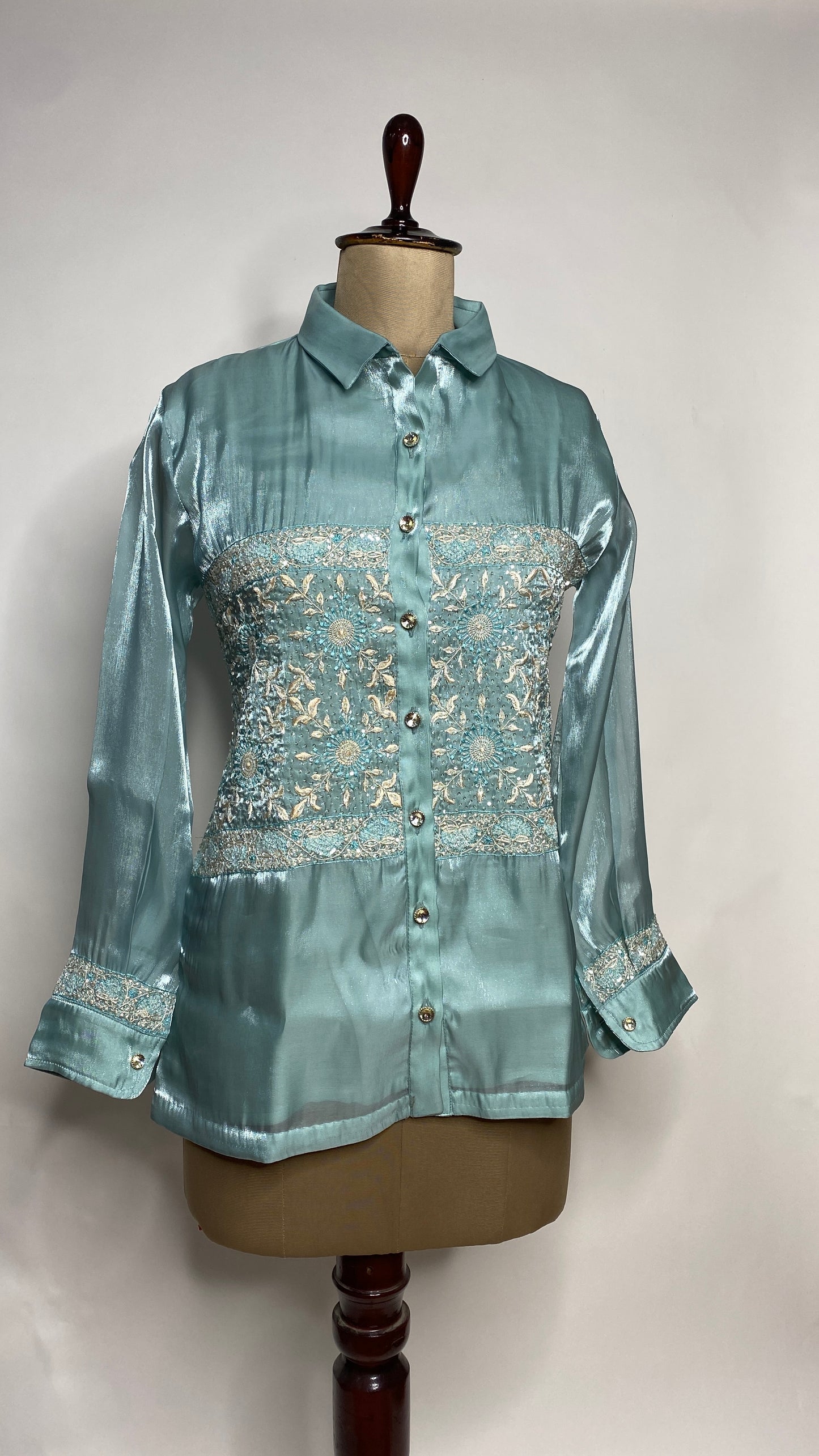 Turquoise Glass Tissue Chikankari Shirt