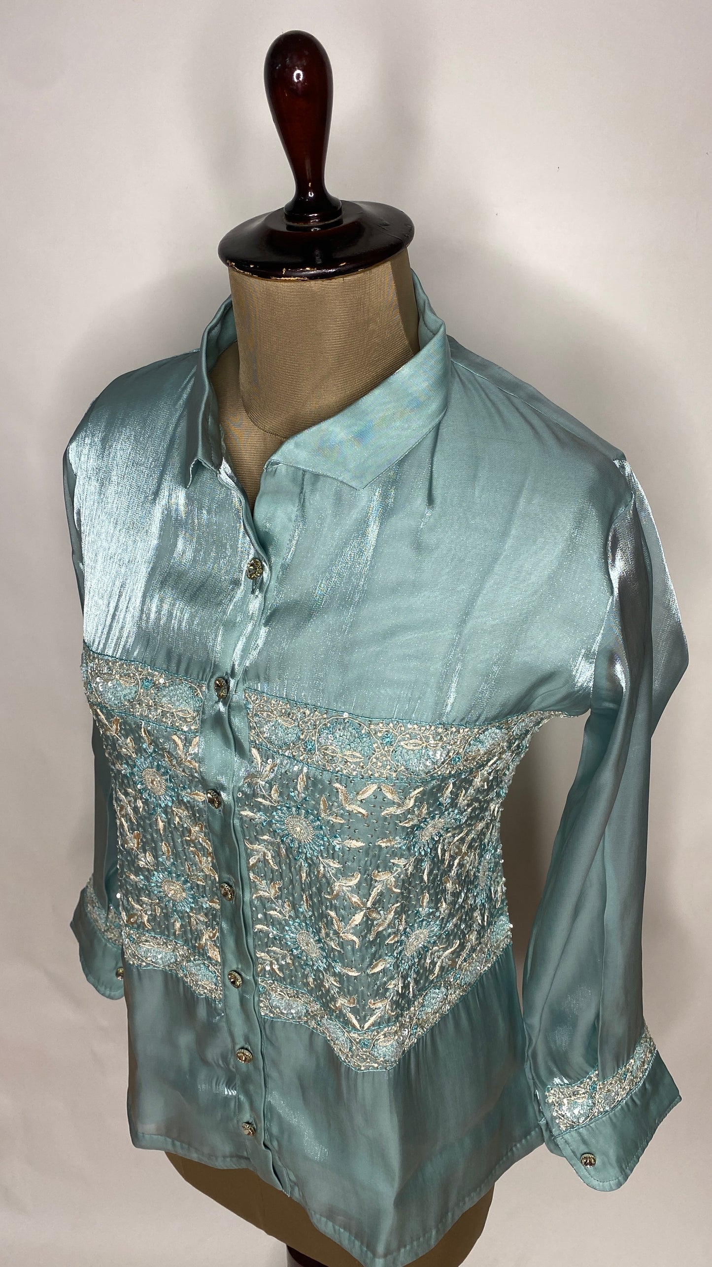 Turquoise Glass Tissue Chikankari Shirt