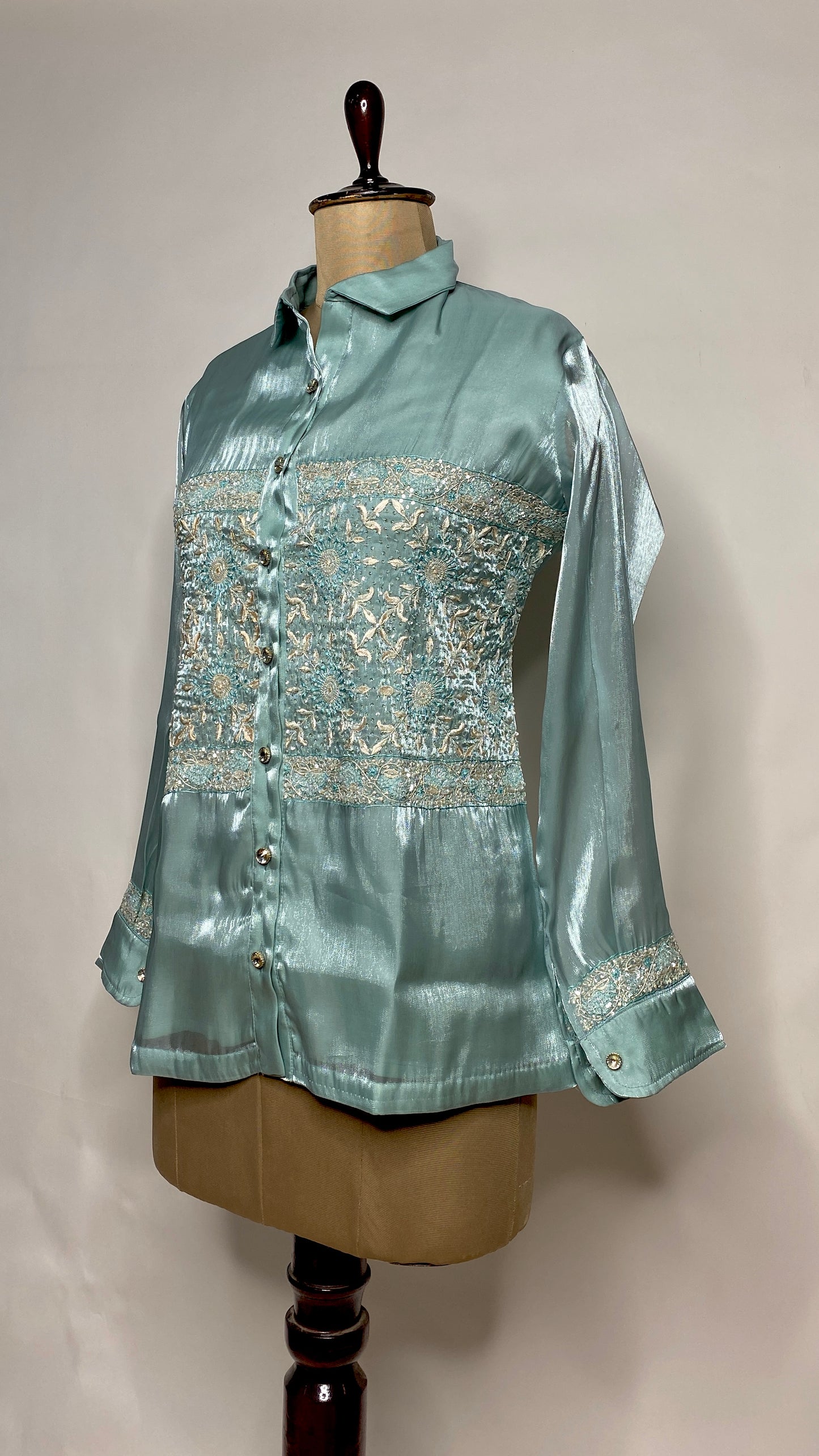 Turquoise Glass Tissue Chikankari Shirt
